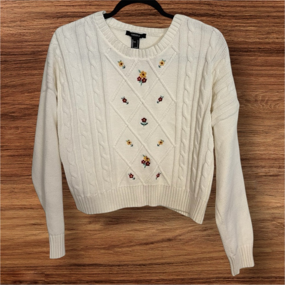 Forever 21 Cream Cable Knit Sweater with Floral Details